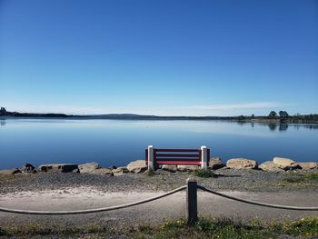 Scenic view of lake against clear blue sky