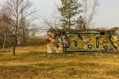 Graffiti on field against trees in park