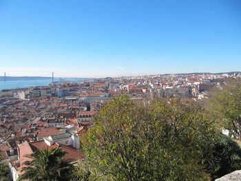 View of townscape against clear blue sky