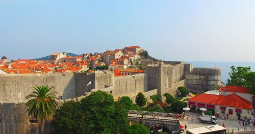 High angle view of buildings against clear sky