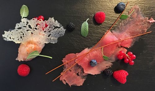 High angle view of fruits on table