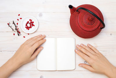 Directly above shot of woman hand on table