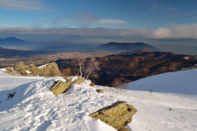 Scenic view of snow covered mountains against sky