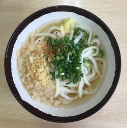 High angle view of soup in bowl on table