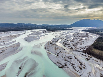 Aerial view of landscape and mountains against sky