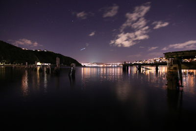 Scenic view of lake against sky at night