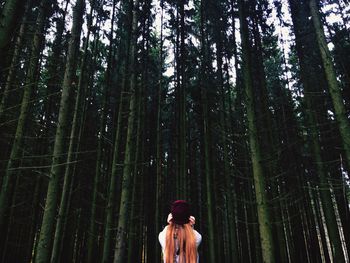 Woman standing by trees in forest