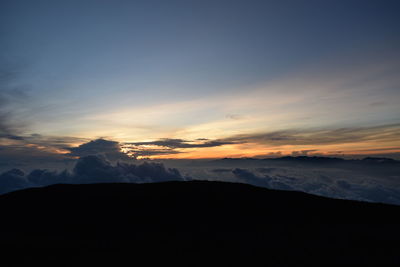 Scenic view of silhouette mountain against sky during sunset