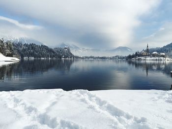 Scenic view of lake against sky during winter