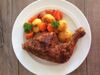 High angle view of food in plate on table