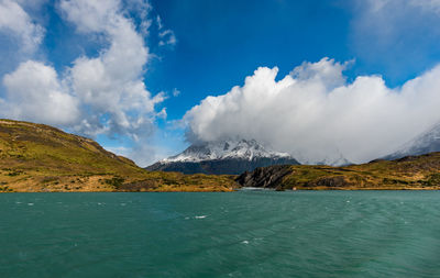 Panoramic view of sea and mountains against sky