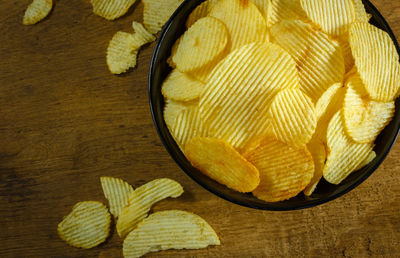 High angle view of bread in bowl on table