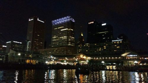 Illuminated buildings by river against sky at night