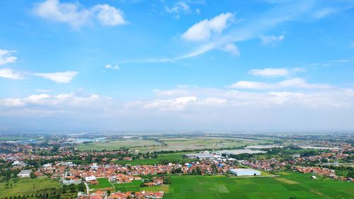 High angle shot of townscape against sky