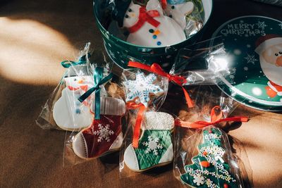 High angle view of christmas decoration on table