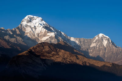 Scenic view of snowcapped mountains against clear blue sky