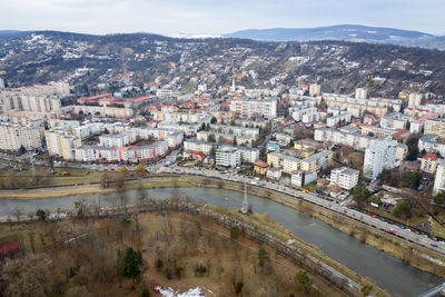 Aerial urban landscape, houses and flat of blacks. above view of cluj napoca city, romania