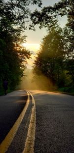 Road by trees against sky during sunset