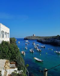 Sailboats in sea by buildings against clear blue sky