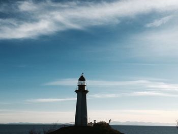 Lighthouse by calm sea against sky