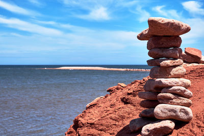 Pile of rocks on the north cape hiking trail in tignish pei, canada