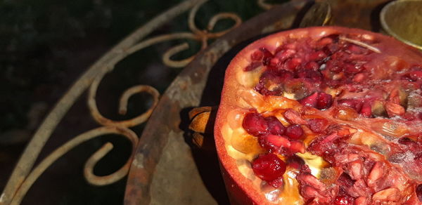 High angle view of fruits in plate on table