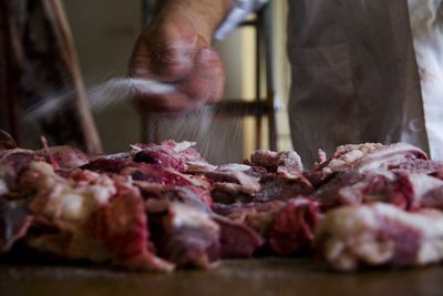 Detail shot of meat on table