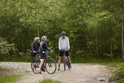 View of people cycling through forest