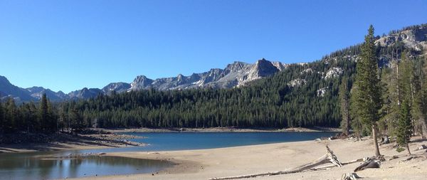 Scenic view of lake against clear blue sky