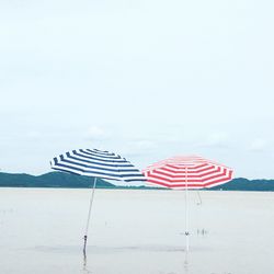 Umbrellas flag on beach against sky