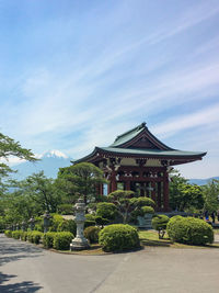 Gazebo at park against mt fuji during winter