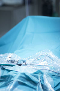 High angle view of plastic bag and blanket in hospital ward