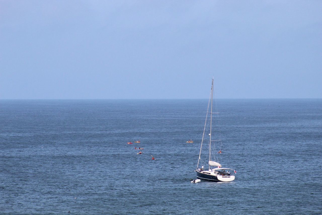 VIEW OF SAILBOAT IN SEA AGAINST CLEAR SKY
