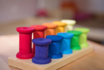 Close-up of multi colored pencils on table