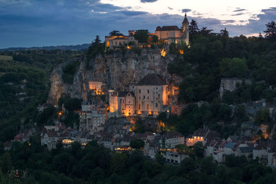 High angle view of townscape against sky at dusk