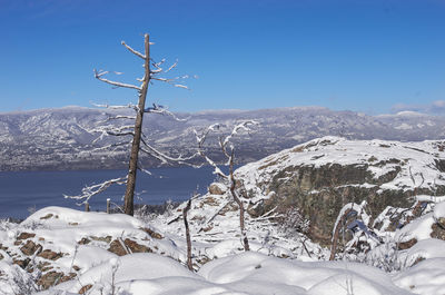 Scenic view of snow covered mountains against blue sky