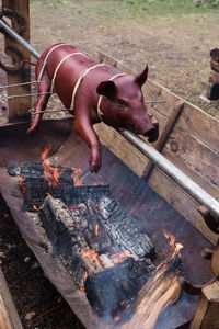 Piglet on grill, roasting pork.