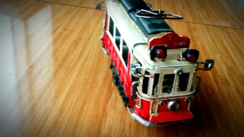 High angle view of vehicles on hardwood floor