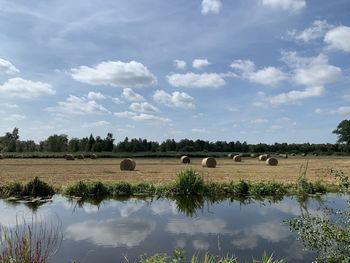 Hay bales on field against sky