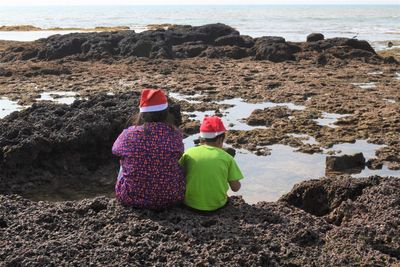 Rear view of women looking at sea shore