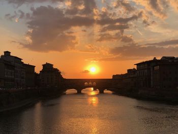 Bridge over river by buildings against sky during sunset