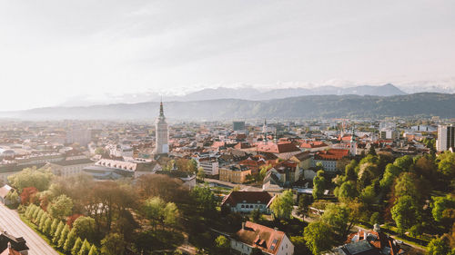 High angle shot of townscape against sky