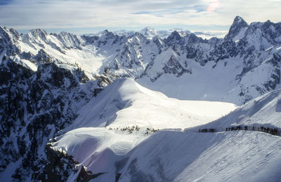 Scenic view of snow covered mountains