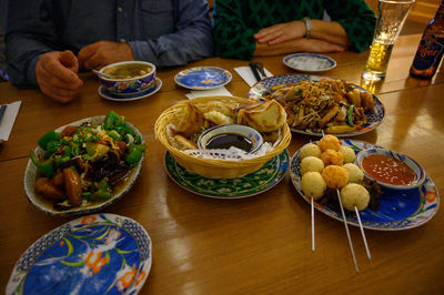 High angle view of food served on table
