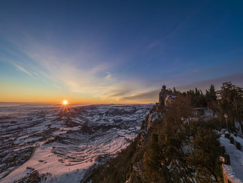 Scenic view of snow covered landscape against sky