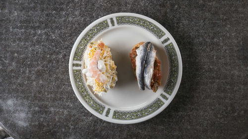 High angle view of food in plate on table