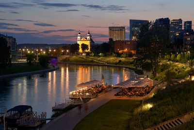 Illuminated buildings in city
