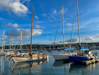 Boats moored at harbor