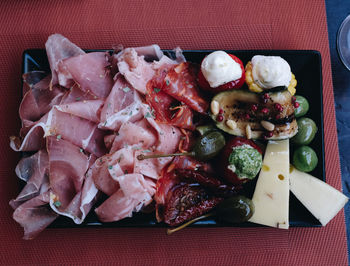 High angle view of meal served on table