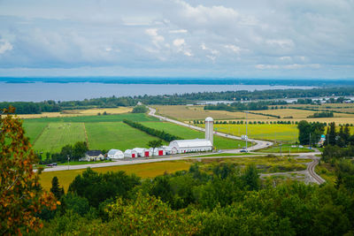 High angle view of agricultural field against sky